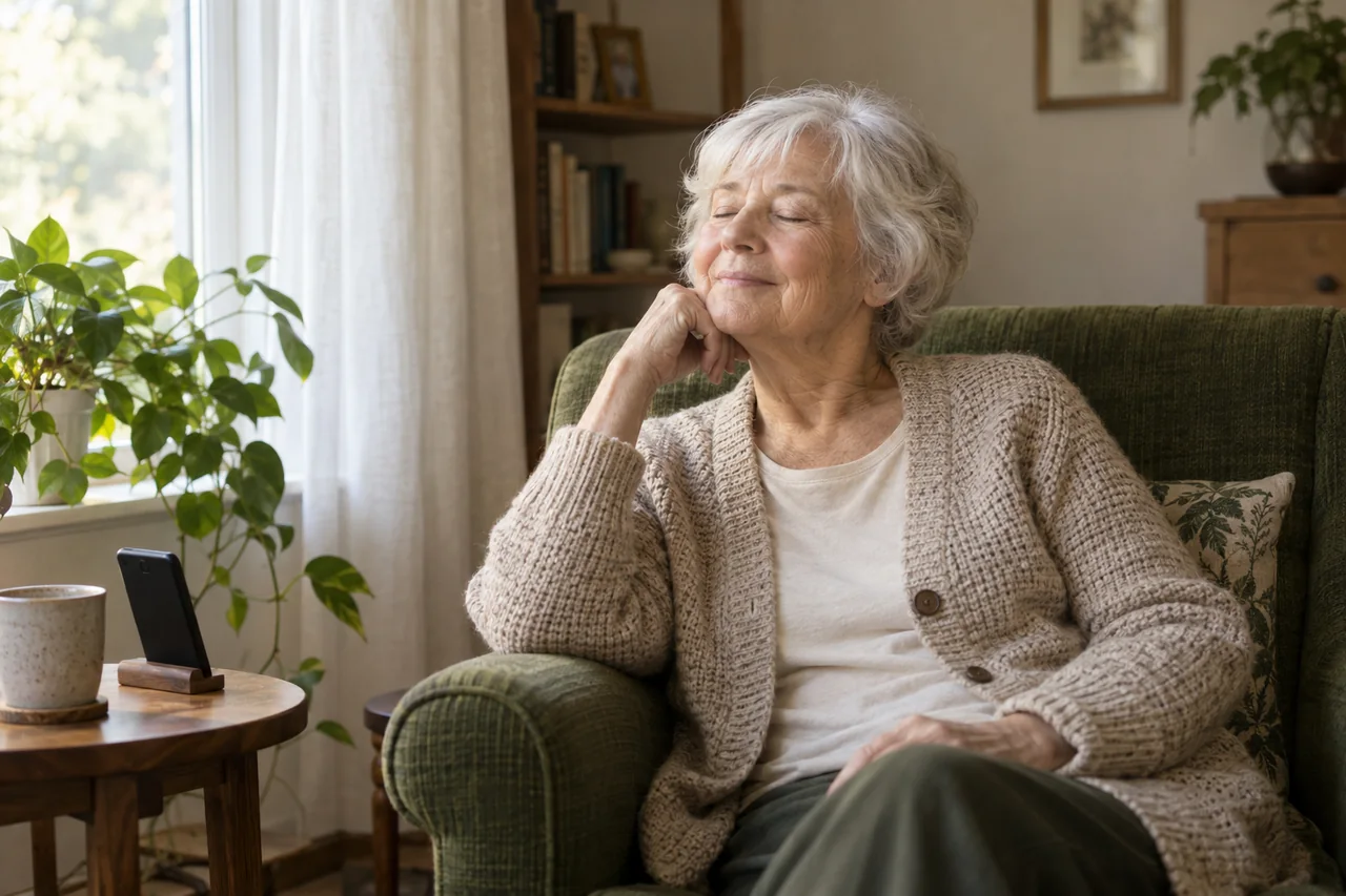 An older woman enjoying a quiet moment with her radio at home.